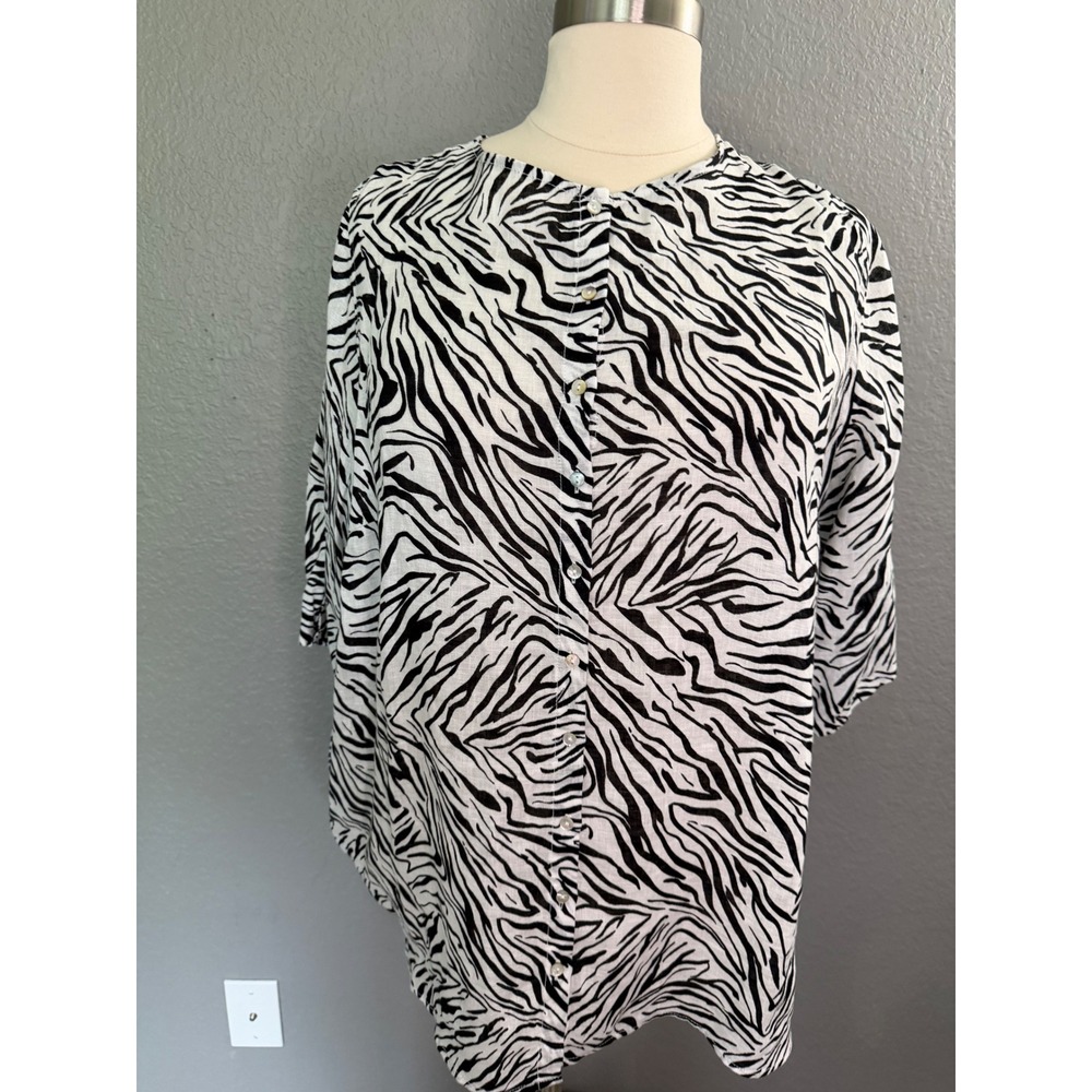 Cynthia Rowley Blouse 3X 100 % Linen Zebra Print‎ Button Down Tunic Beach Costal